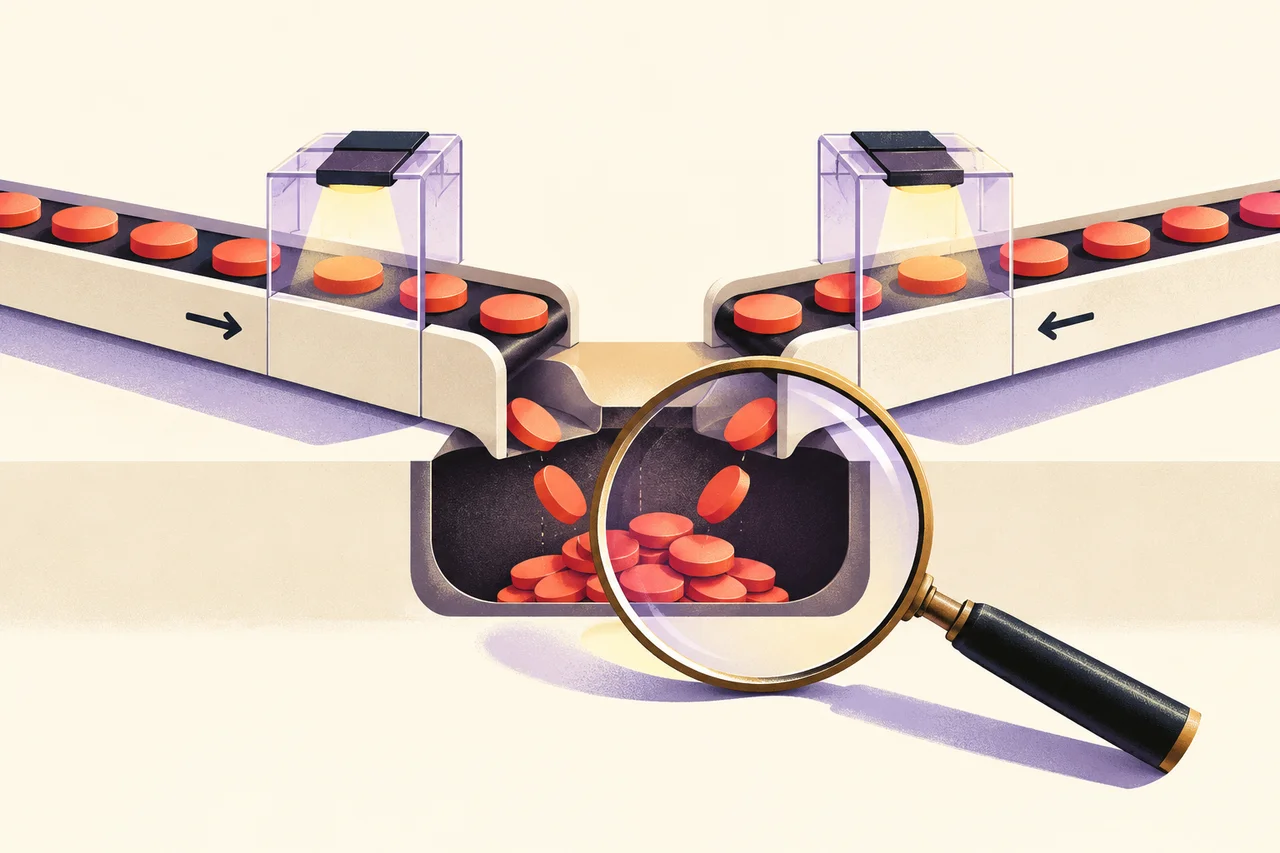 Two matching token channels feed a shared lower pocket viewed through a magnifying lens.
