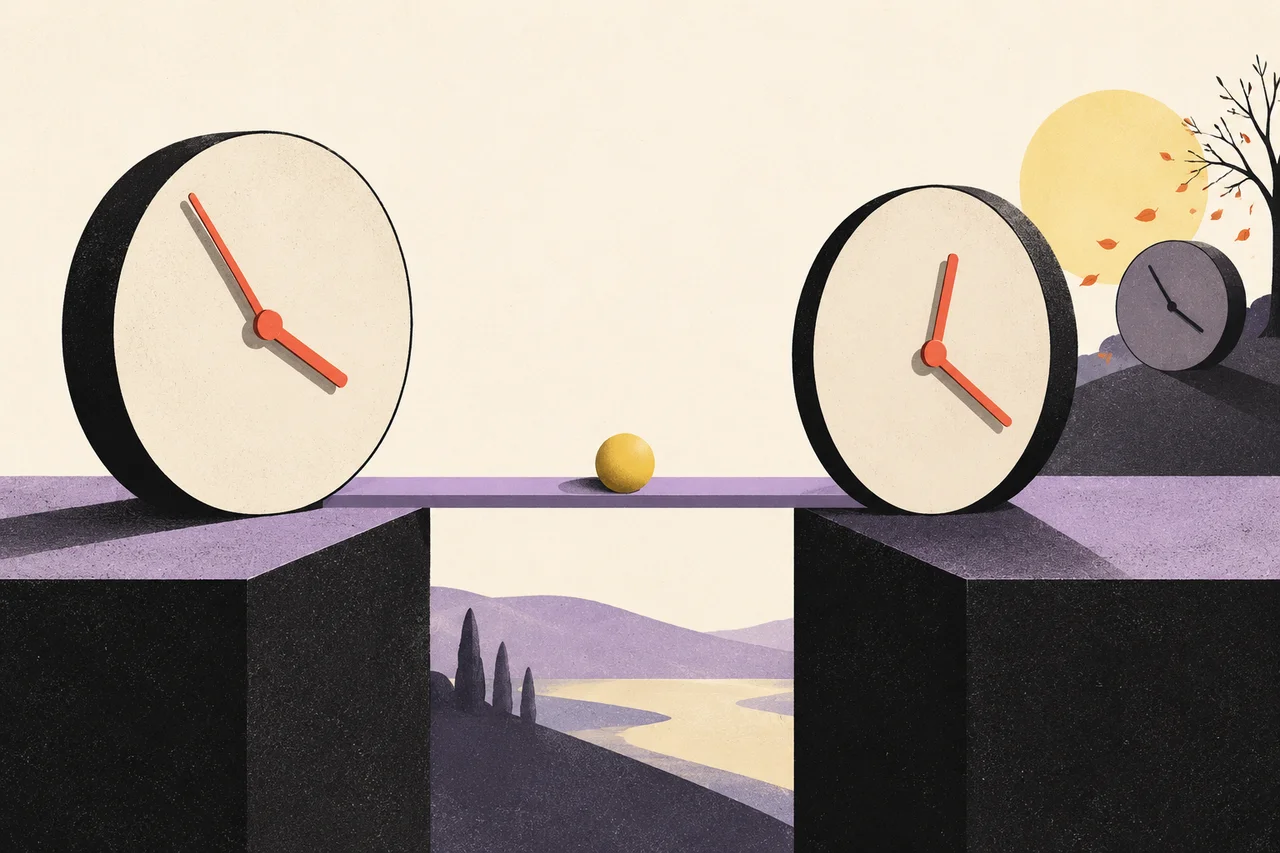 Two clocks with different hand positions share a lavender bridge and one yellow bead, with a smaller seasonal clock behind.