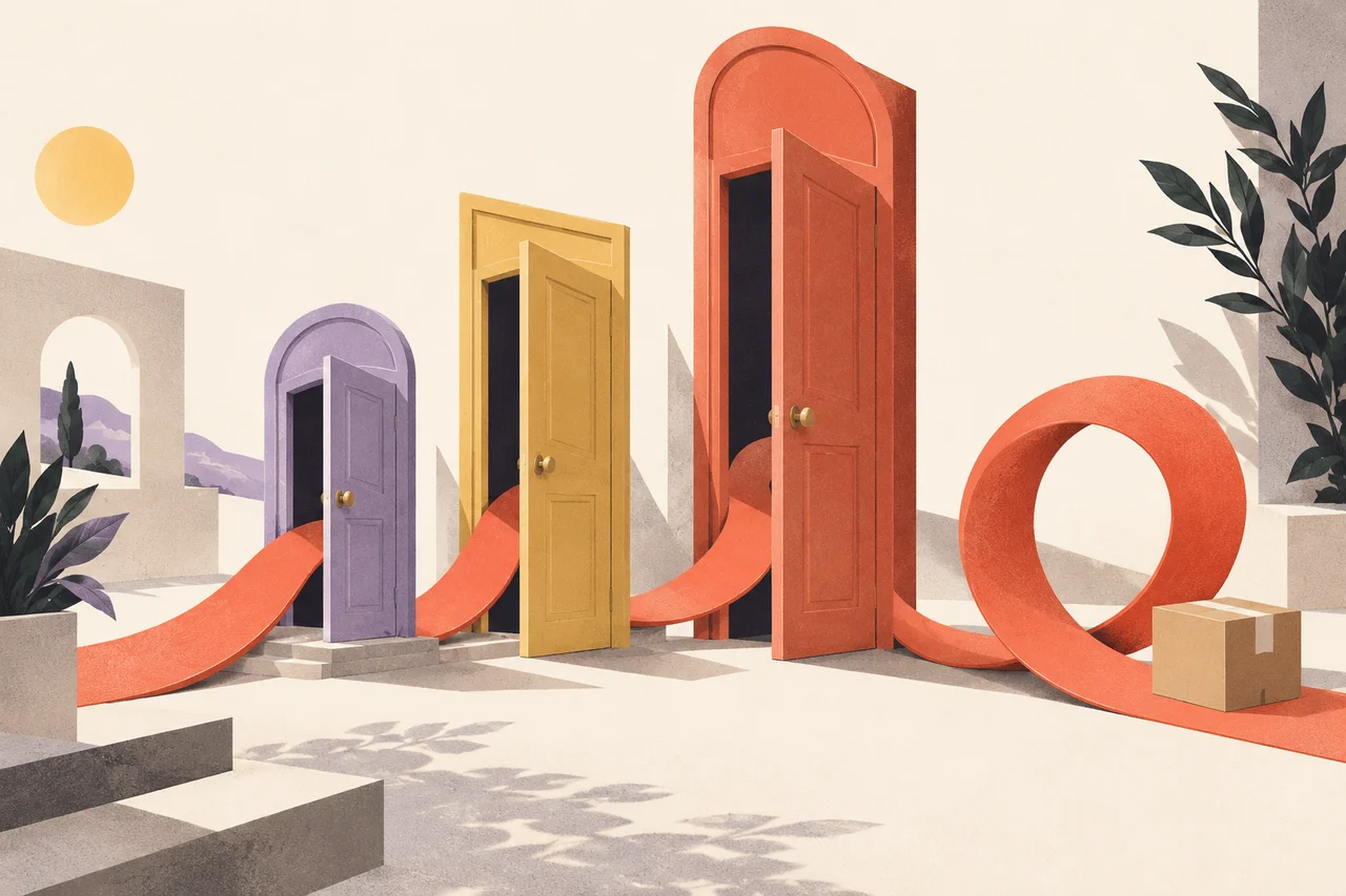 A coral ribbon runs through three differently sized doors and forms a loop beside a parcel.