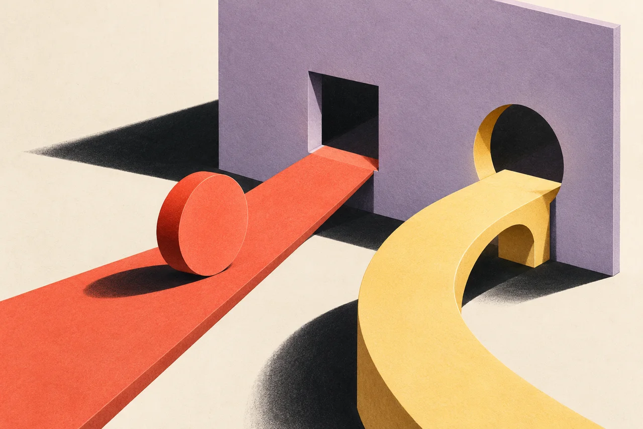 A coral disk approaches a square opening beside a yellow path leading to a round opening.
