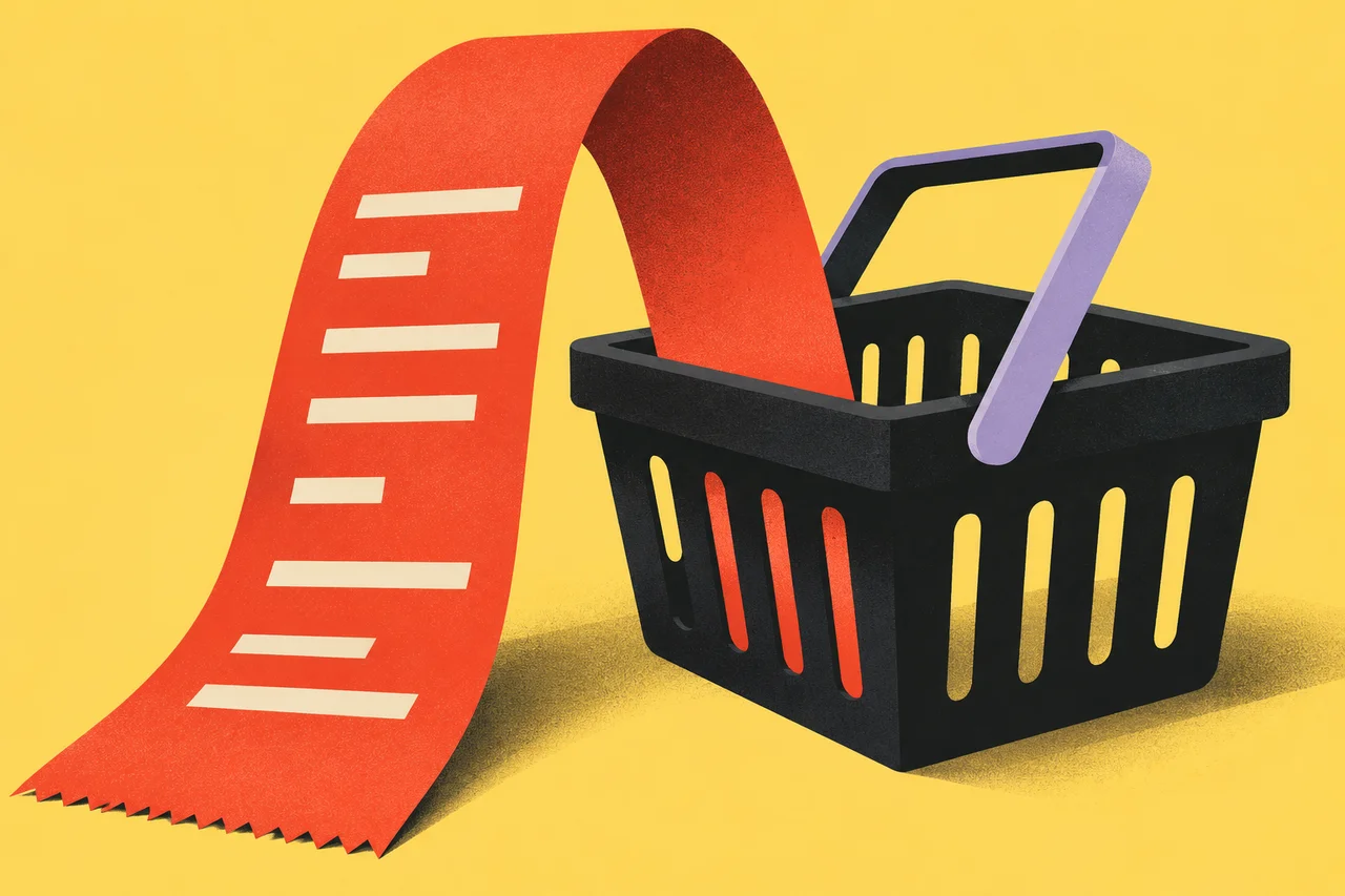 A red receipt curls out of a black shopping basket against a yellow background