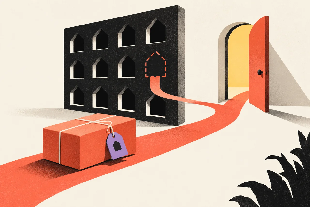 A tagged coral parcel follows a path past a missing address-shaped opening toward an open doorway.