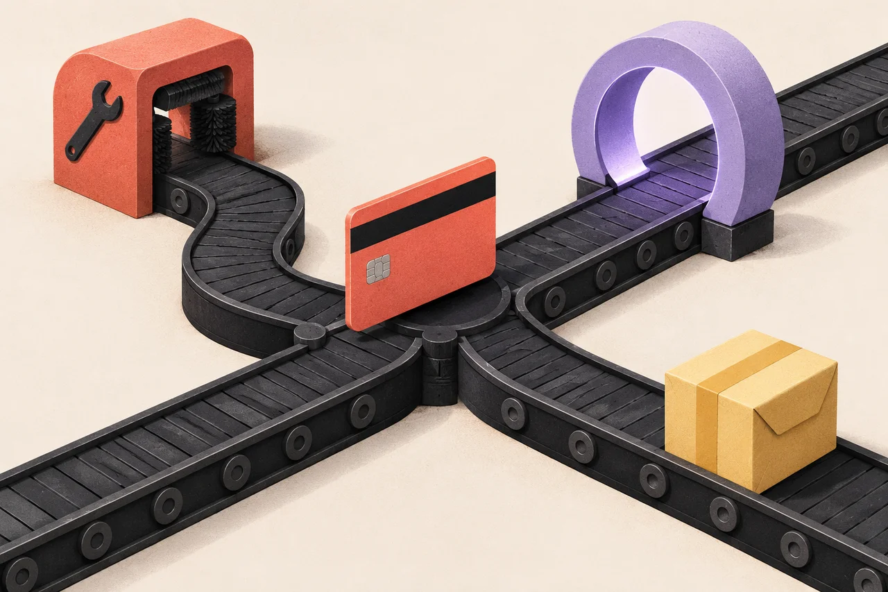 A coral payment card sits at a conveyor junction leading to a repair tunnel, lavender ring and yellow parcel.