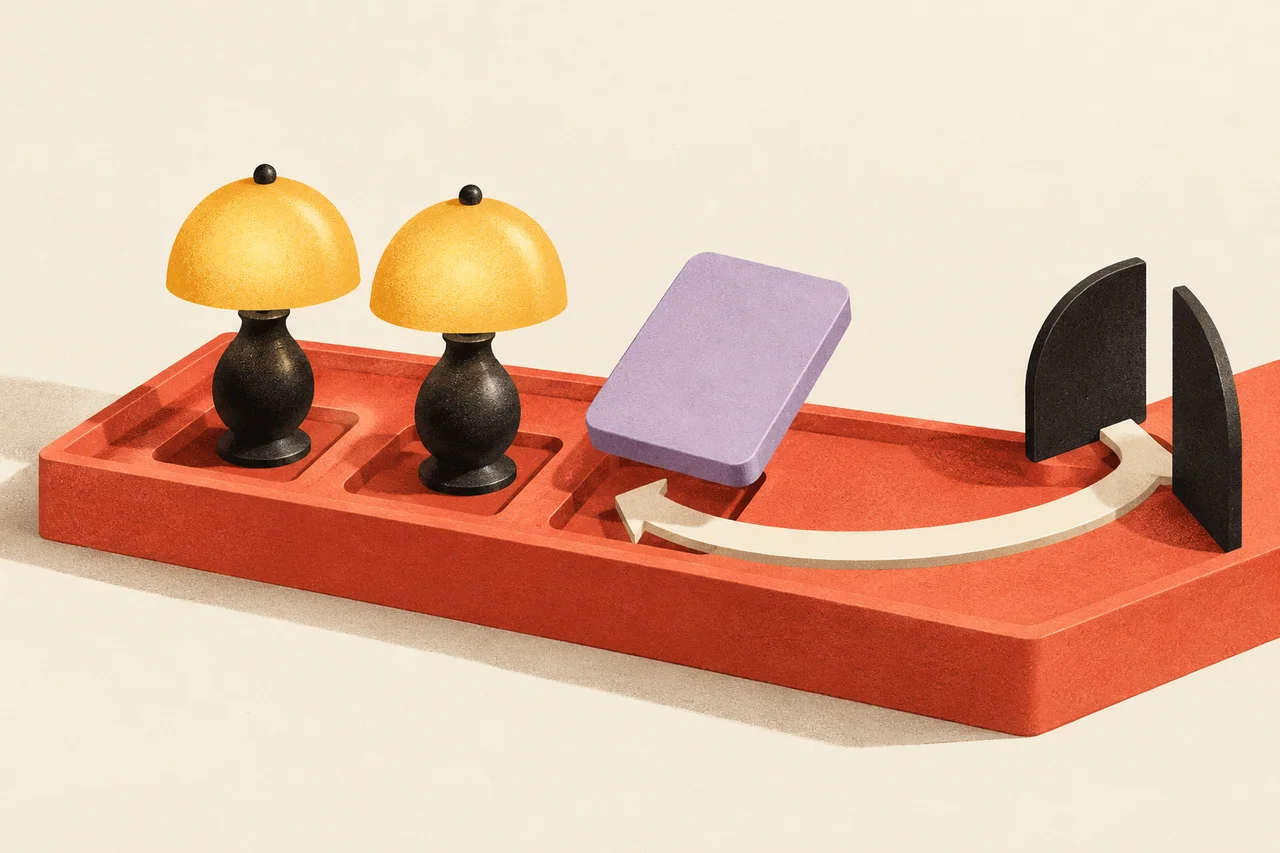 Two amber lamps and a lifted lavender tile sit in a coral tray beside a curved return path and open gate.