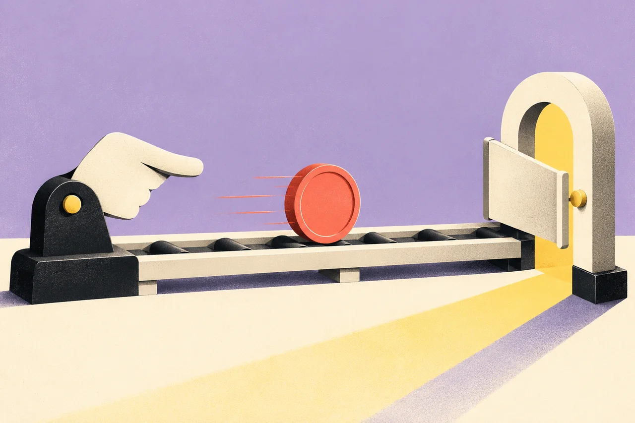 A coral payment token moves along a roller track between a hand-shaped lever and a partly open ivory gate.