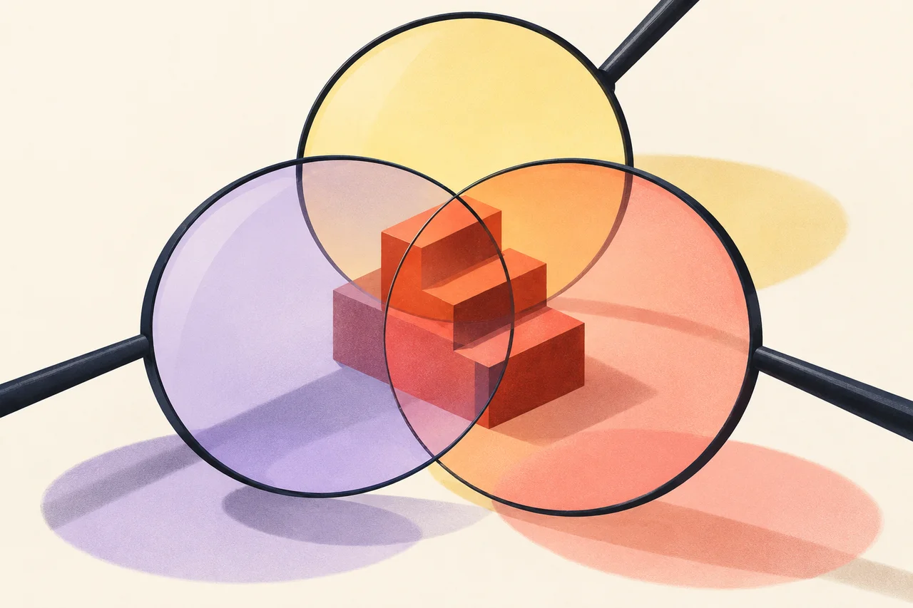 Three colored lenses overlap around a red stepped object