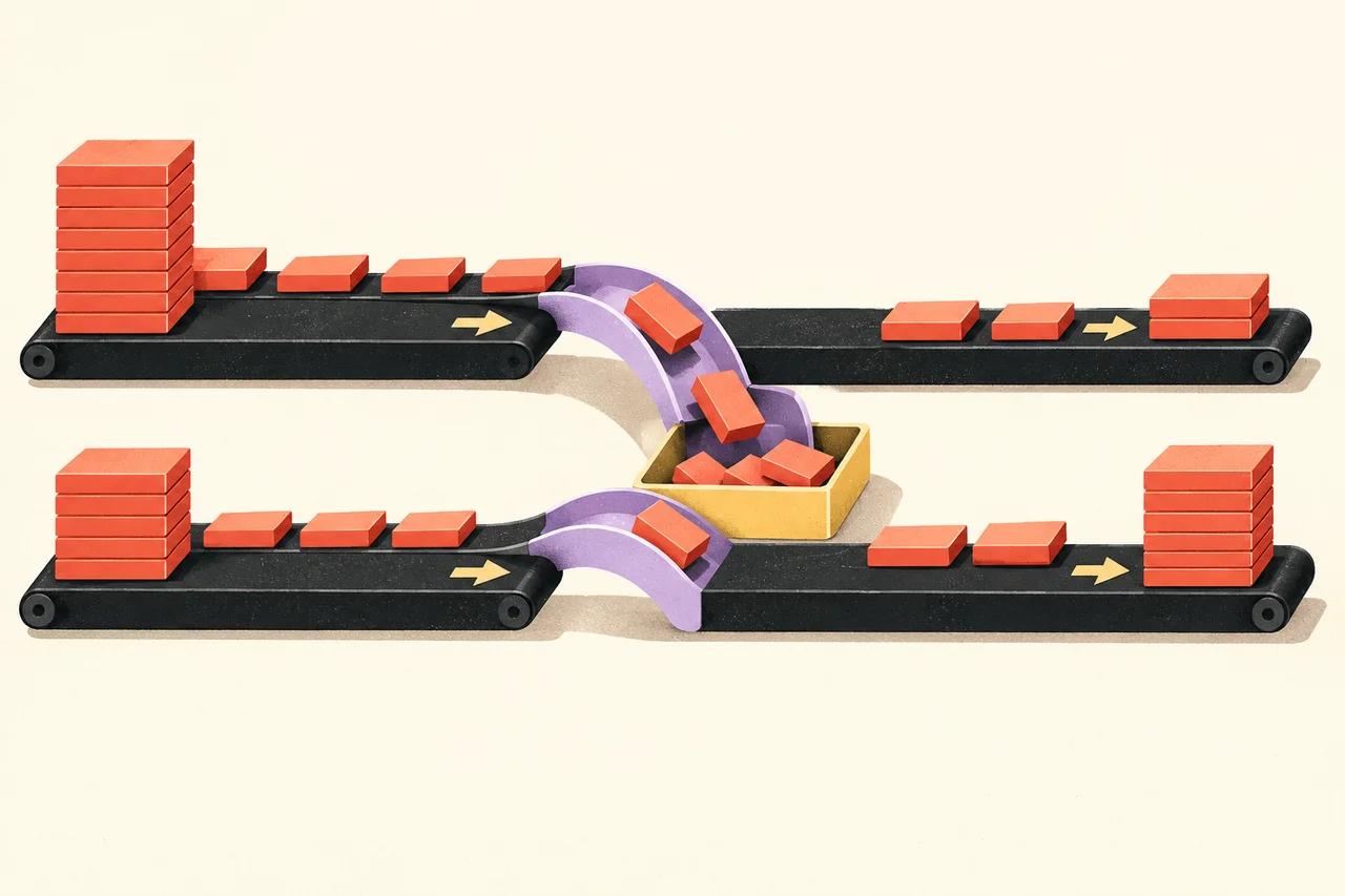 Two purchase-tile lanes send returns into a shared tray, reversing which remaining stack is taller.