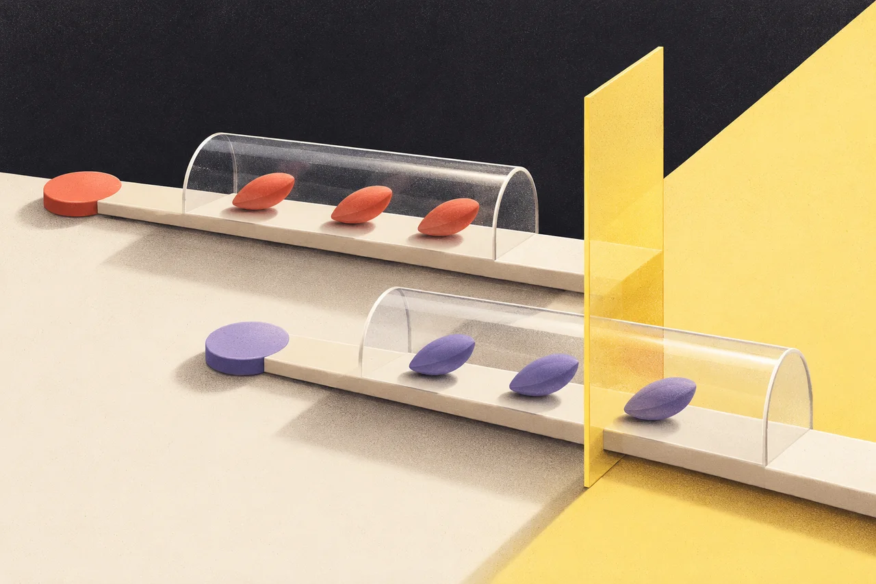 Offset token timelines pass through transparent tunnels while a yellow cutoff crosses the later timeline.