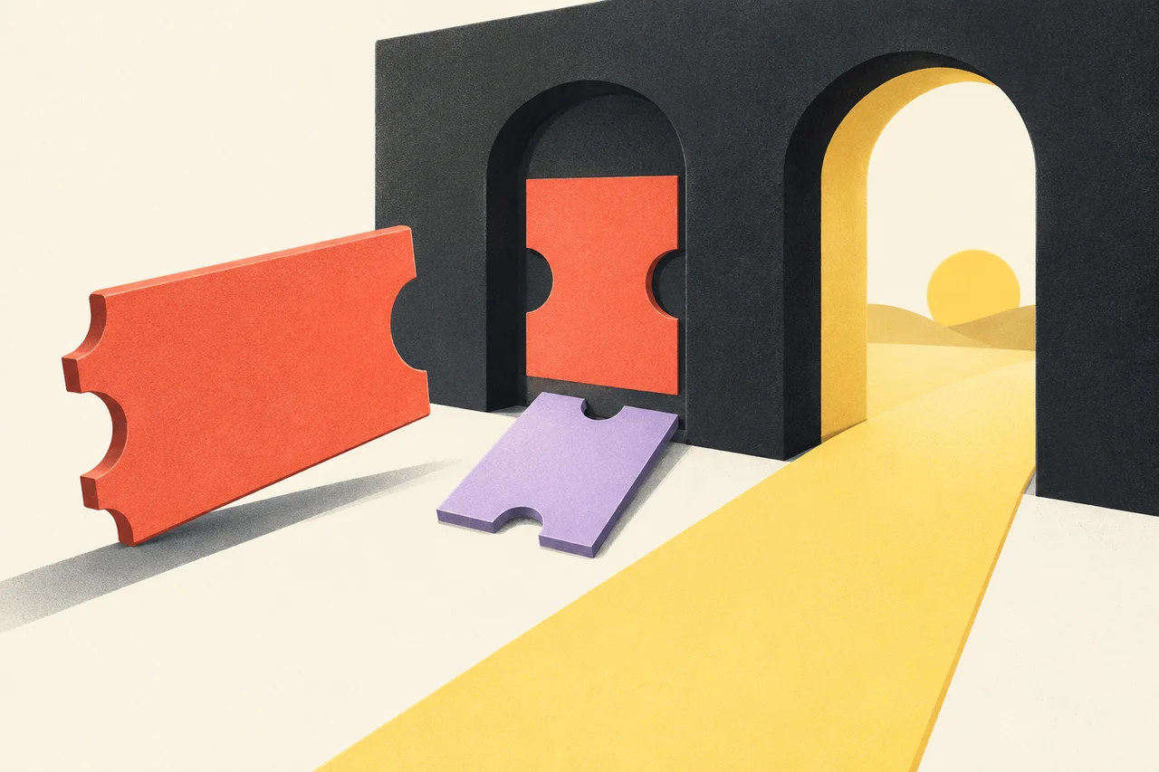 Coral and lavender coupon-shaped pieces meet a dark gate beside an open yellow route.