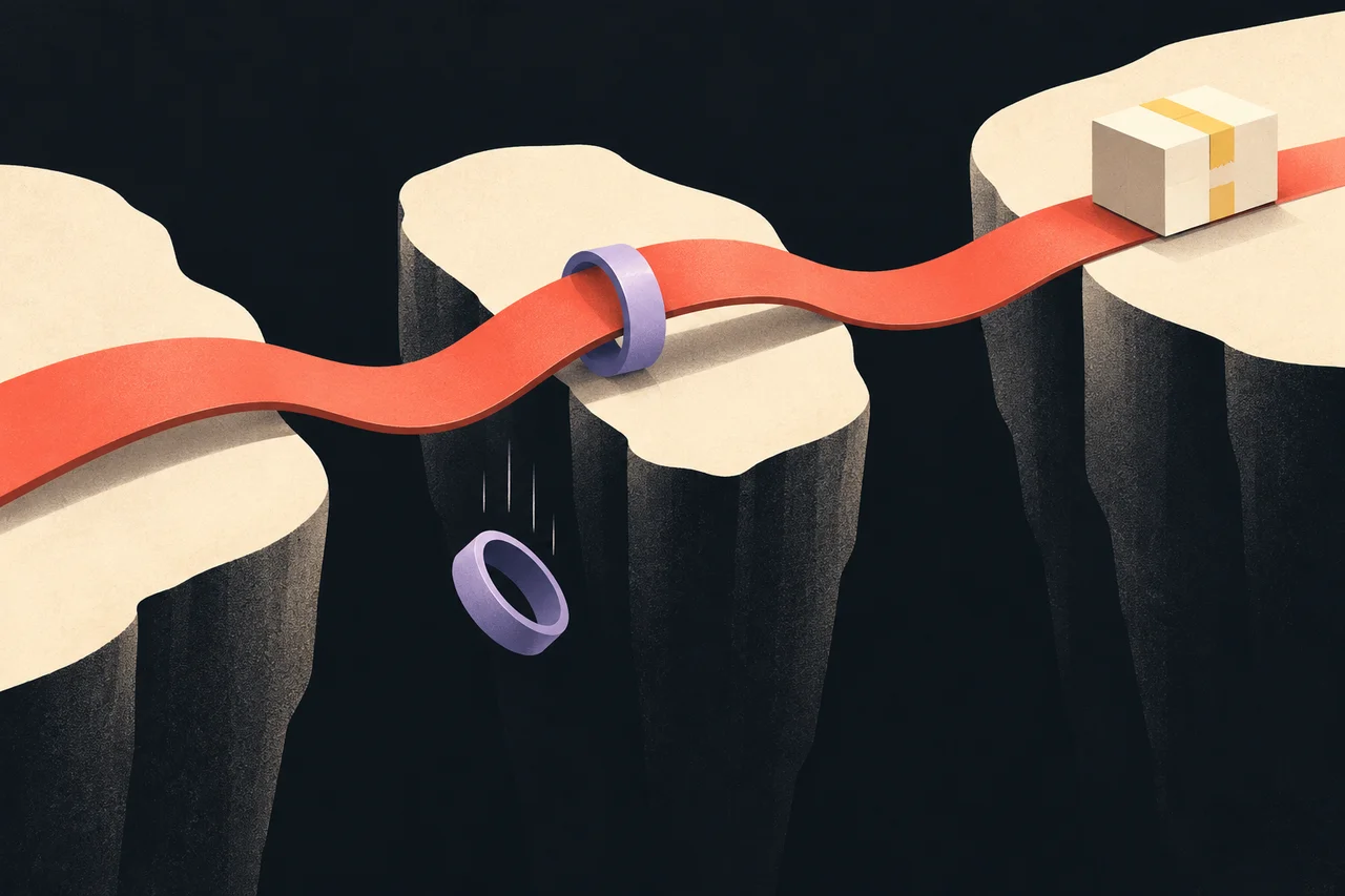 A coral ribbon carries a parcel across three islands as a lavender identity ring falls into a gap.