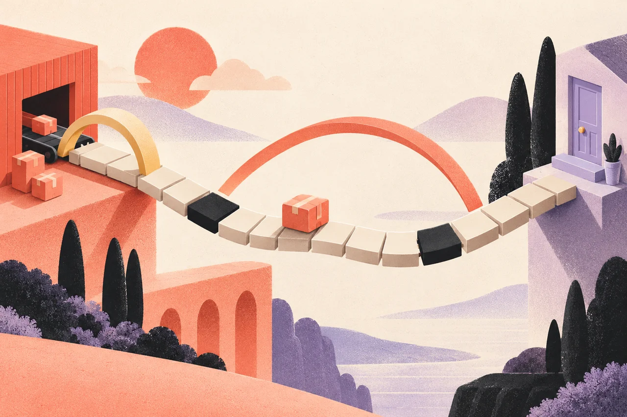 A coral parcel crosses an ivory-tile bridge with two dark segments between a warehouse and a lavender doorway.