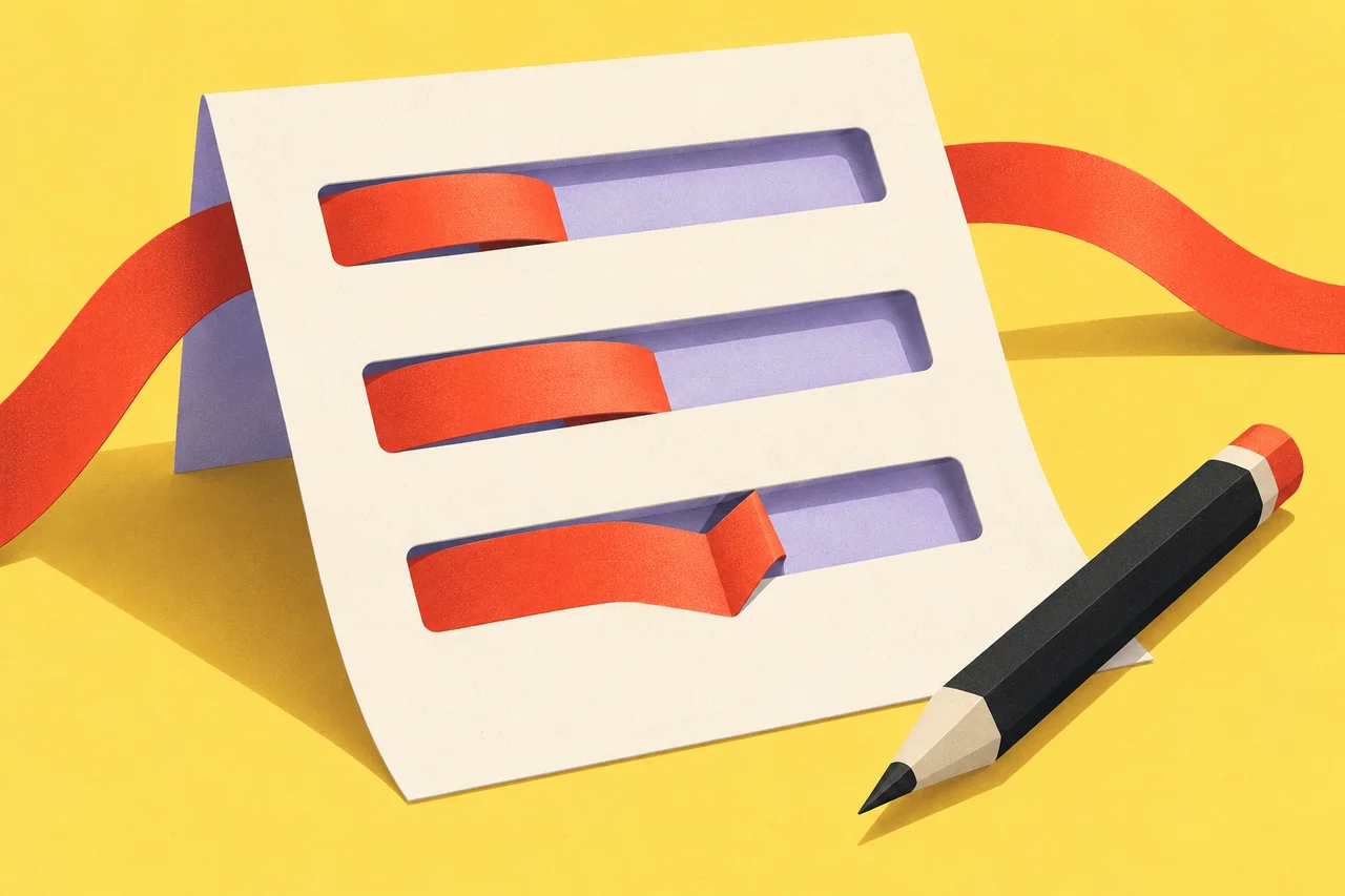 A coral ribbon catches in the final slot of an illustrated form