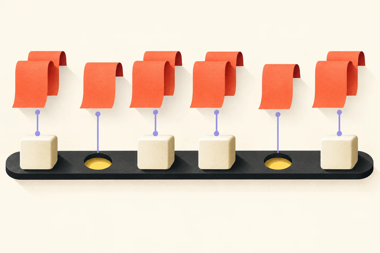 Overlapping coral message sheets connect to ivory order blocks and two empty sockets on a dark rail.