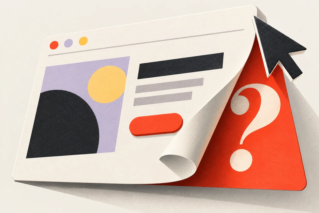 A cursor lifts the corner of a page to reveal an unanswered question underneath