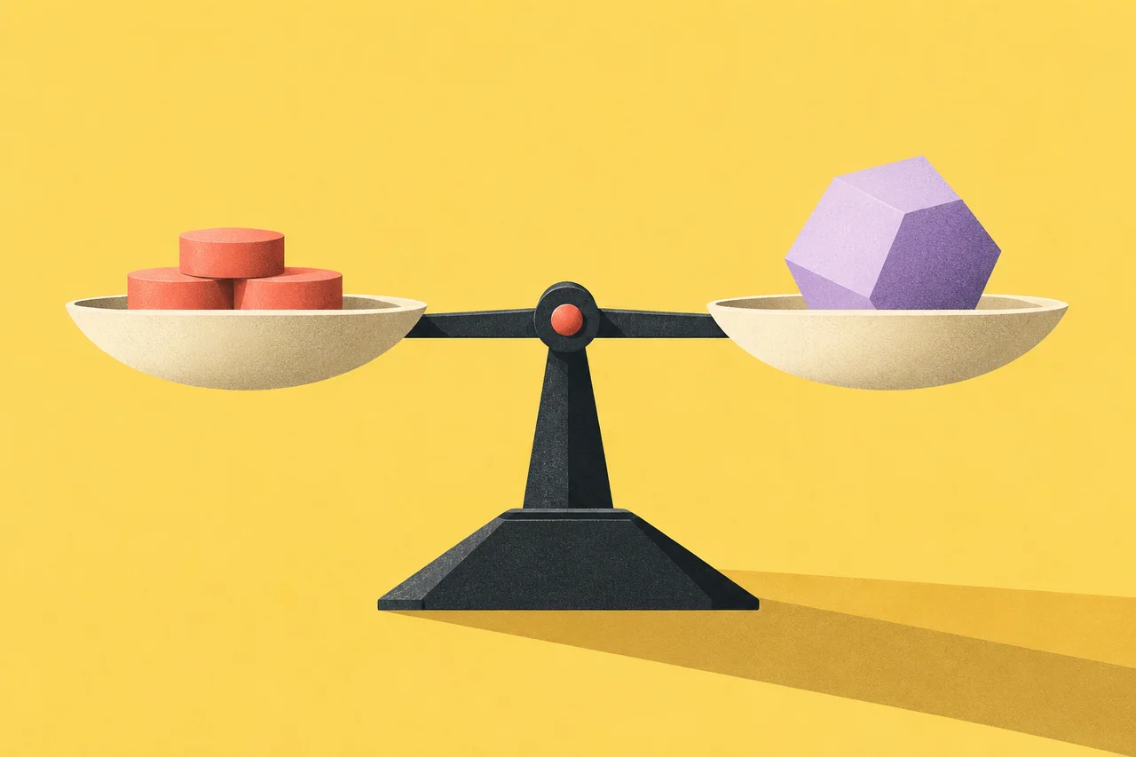 A level balance weighs several small coral discs against one large lavender solid