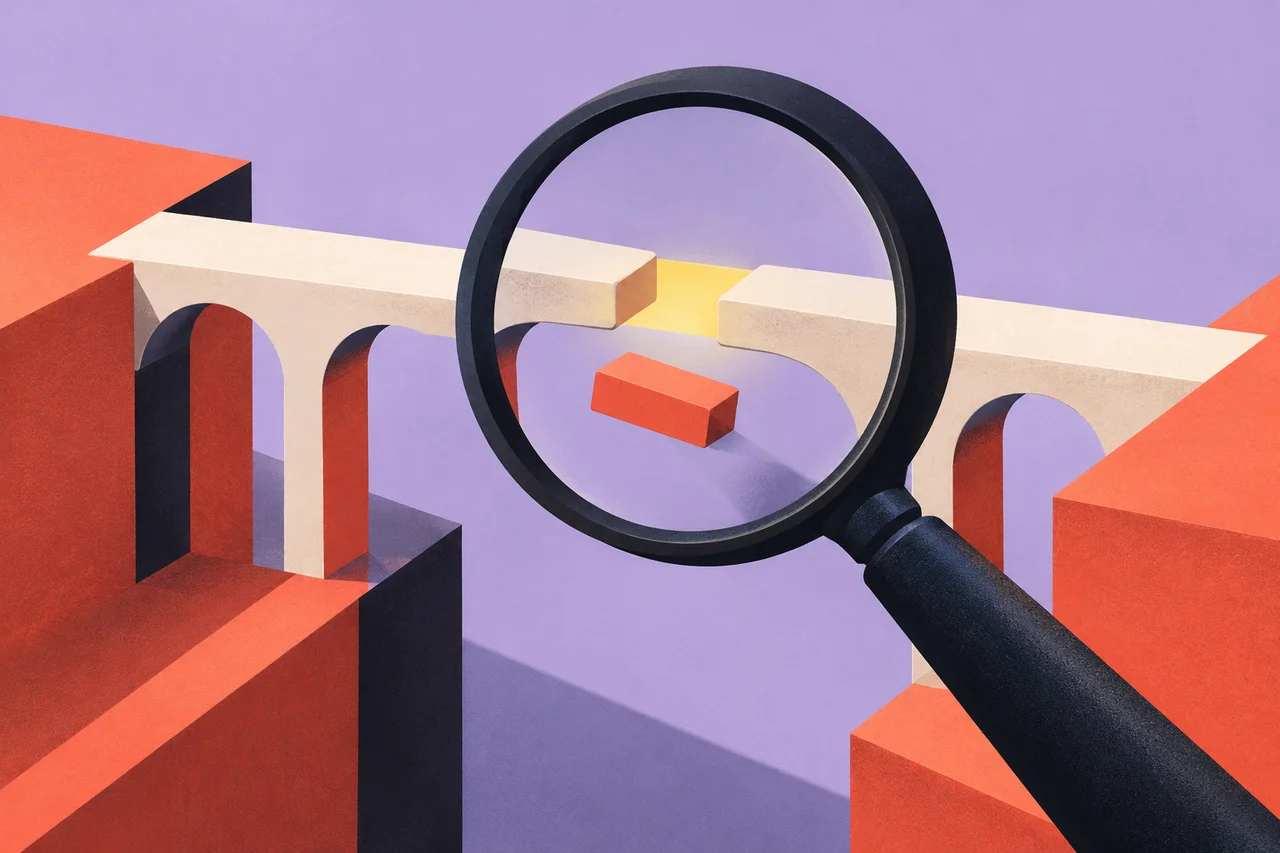 A magnifying glass reveals a missing piece in a bridge