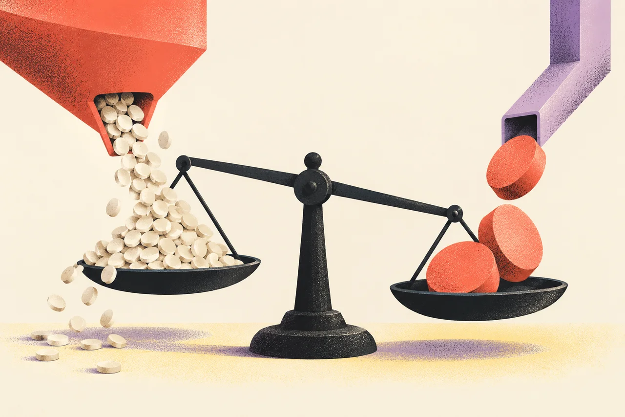 A balance scale weighs many small ivory tokens against larger coral tokens arriving on its lower tray.