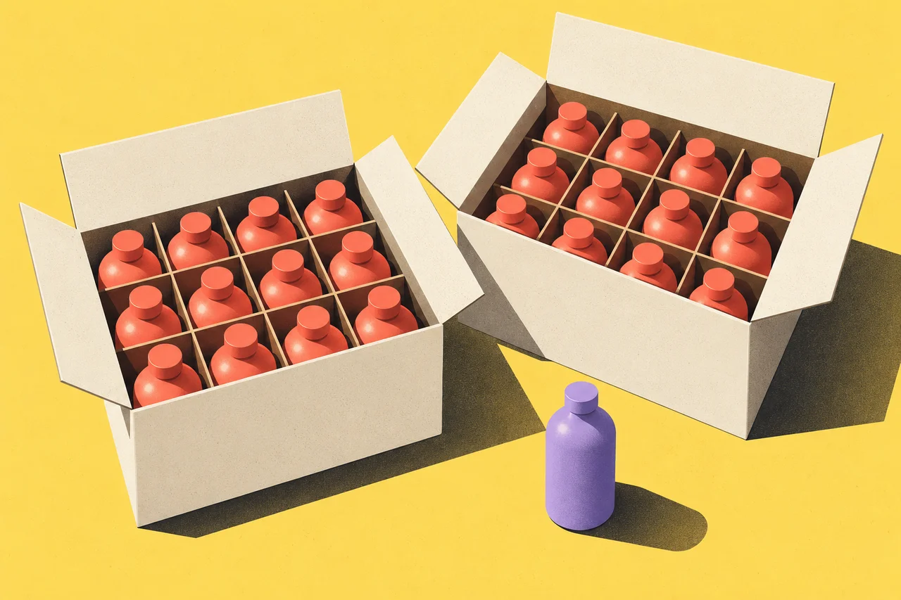 Two full partitioned cases of coral bottles sit beside one loose lavender bottle on a yellow surface.