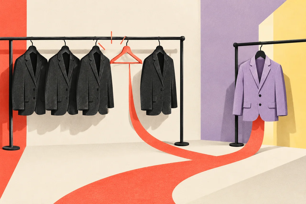 A coral ribbon connects an empty hanger among dark jackets to a lavender jacket on a second rail.