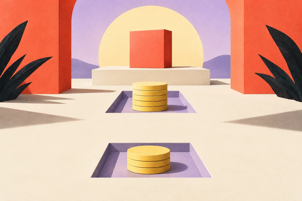 Two separated trays of gold discs lead toward a coral product box on a distant platform.