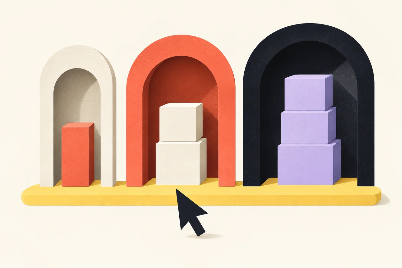 A cursor points toward the middle of three doorways containing different numbers of blocks