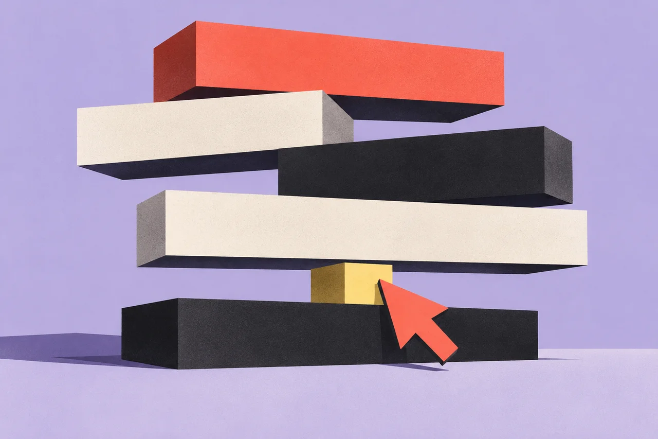 A coral cursor points to a small yellow block supporting a stack of larger slabs