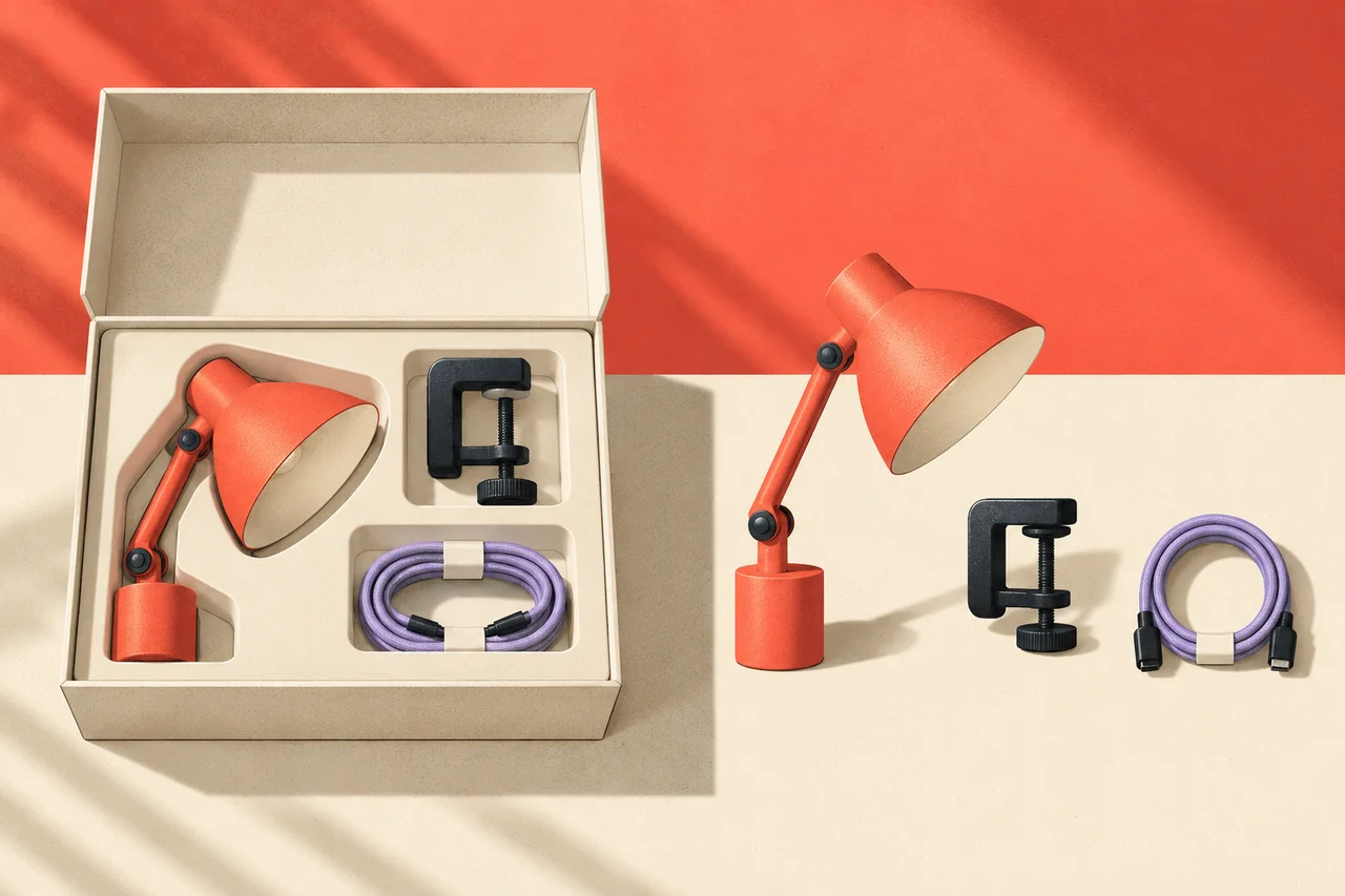 A coral desk lamp, black clamp and lavender cable appear in a fitted kit box beside the same three separate components.