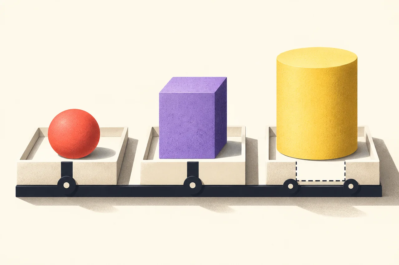 Three differently shaped objects sit in aligned ivory trays, with a missing section marked in one tray.