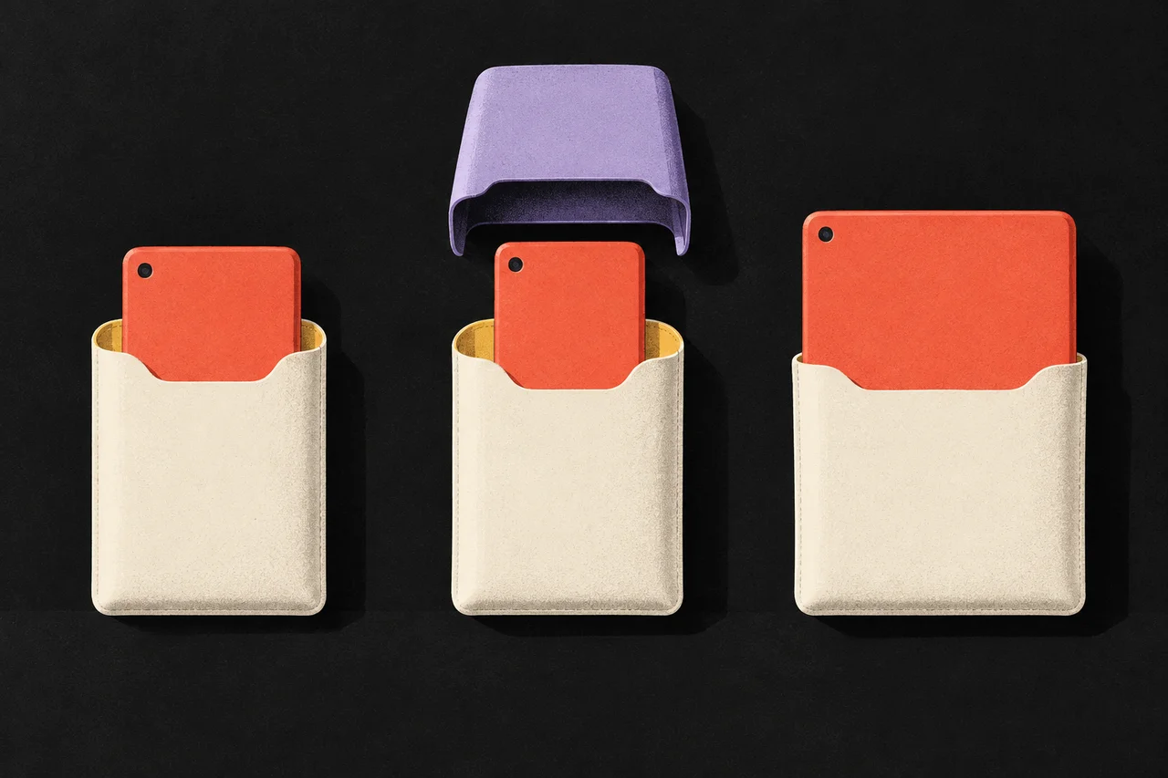 Three coral devices sit in ivory protective sleeves, with a lavender outer case lifted above the middle device.