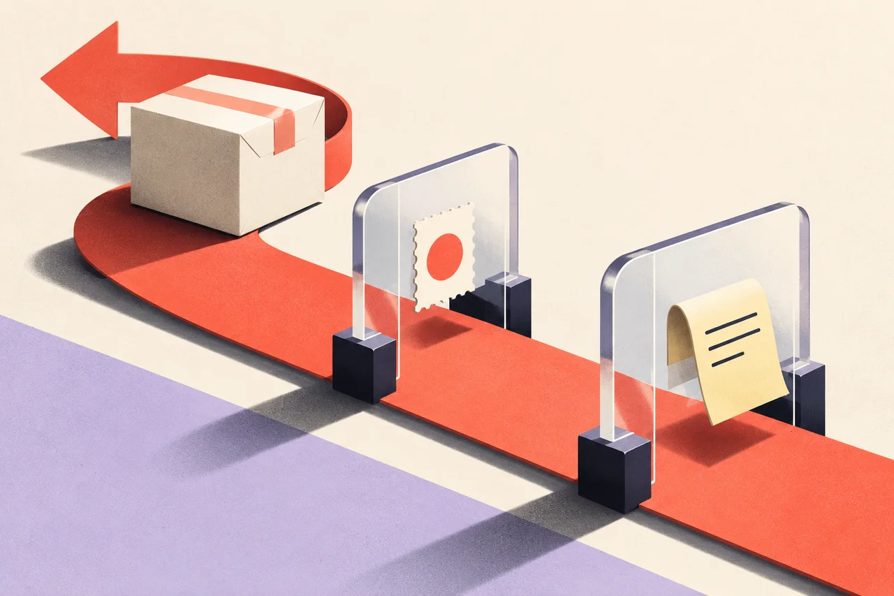 A parcel follows a coral return arrow past separate transparent gates holding a postage stamp and a folded receipt.