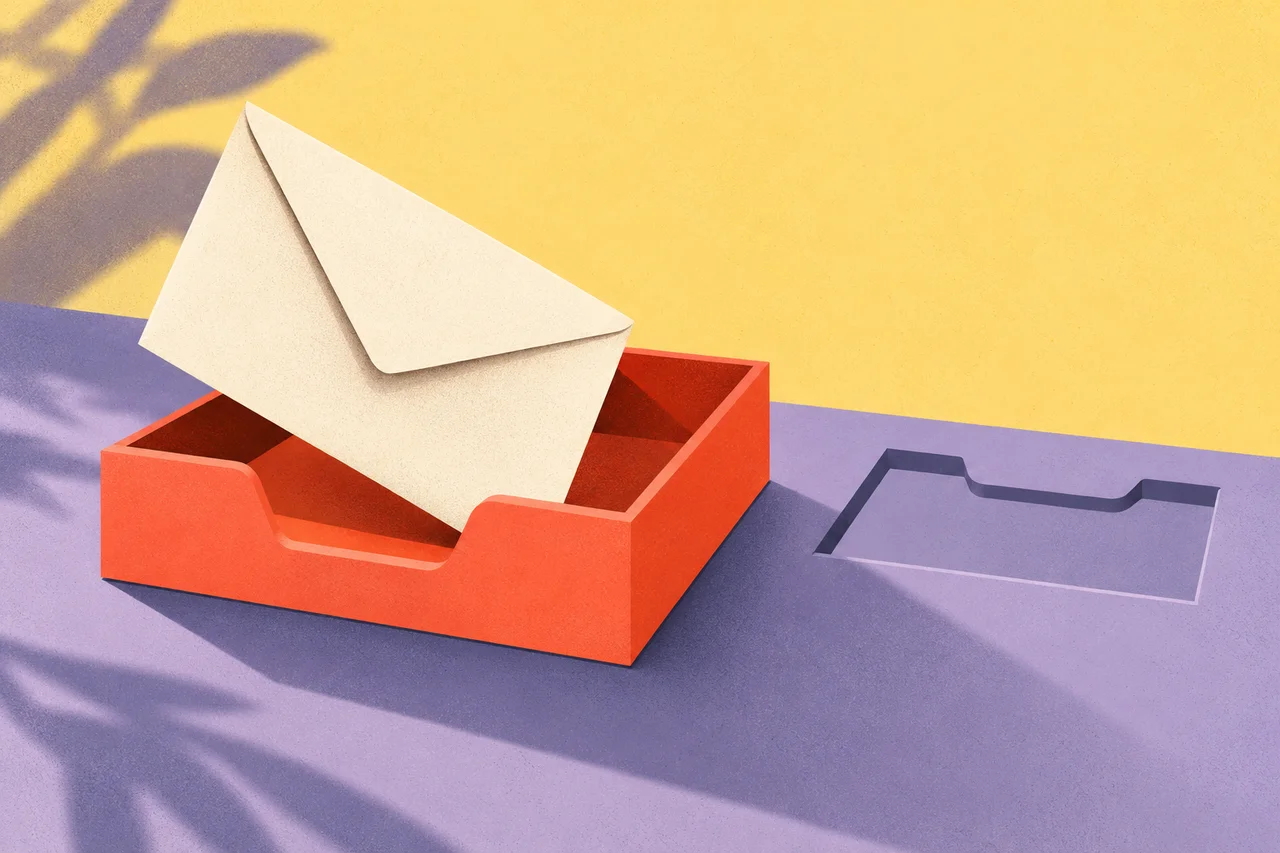 An ivory enquiry envelope enters a coral in-tray beside a separate empty ticket-shaped recess.
