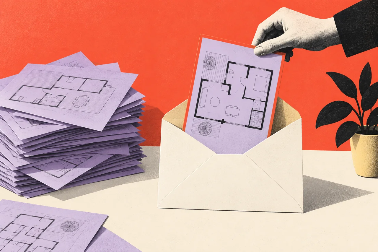 A hand places one framed floor-plan sheet into an ivory envelope beside a stack of lavender drawings.