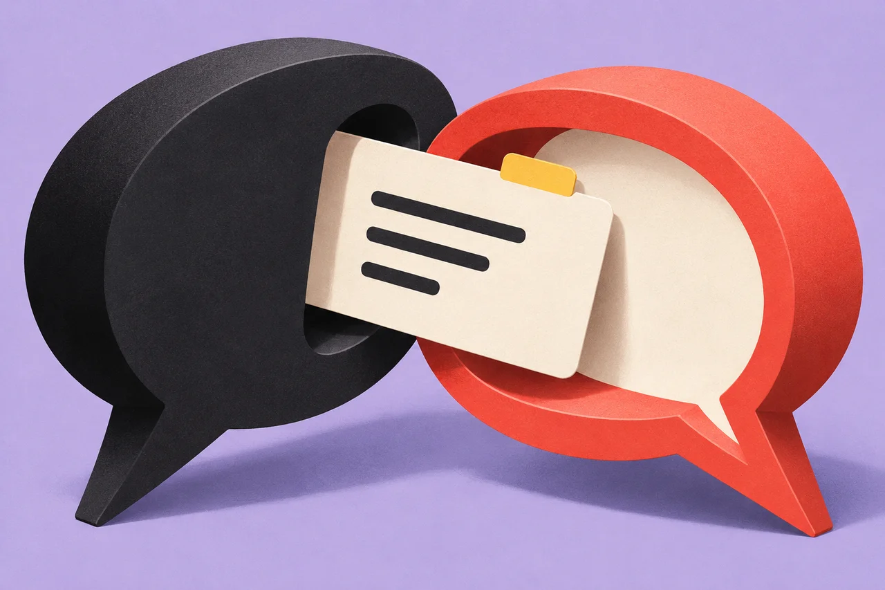 An ivory message card passes between two overlapping speech bubbles