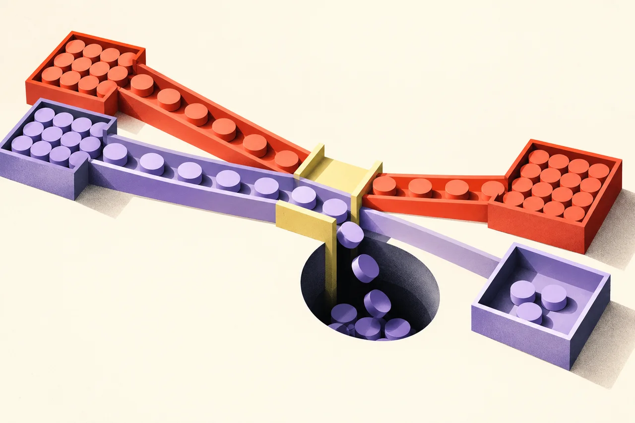 Coral and lavender token streams cross a bridge where lavender tokens spill into a dark side pocket.