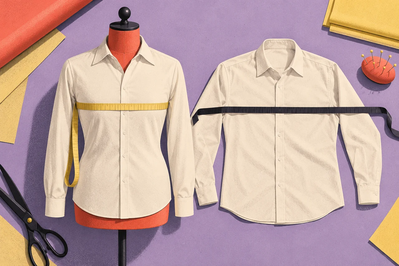 An ivory shirt on a coral dress form is measured around the chest beside a flat shirt measured across its front.