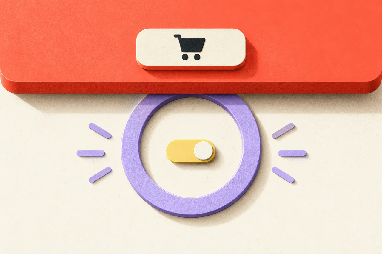 A yellow control inside a lavender focus ring remains visible below a large coral purchase bar.