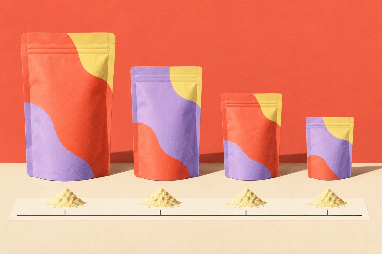 Four different-sized coral and lavender pouches stand above equal small portions on a shared measuring strip.